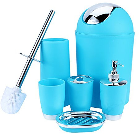 Yosoo 6 Stück Luxuriös Badezimmer Set (aus Plastik) Bad Accessoire Set Lotion-Flaschen Zahnbürstenhalter Zahn-Becher Seifenschale Toilet Bürste Mülleimer (Blau)