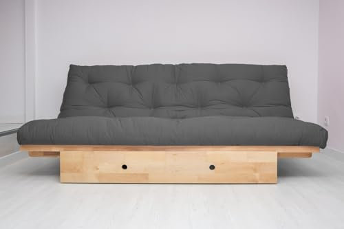 Futon-Schlafsofa Yokahoma mit den Maßen 200 x 120 x 24 cm, aus Massivholz in Naturfarbe mit Schublade vorne und Futon aus 100% Baumwolle in Grau Farbe.