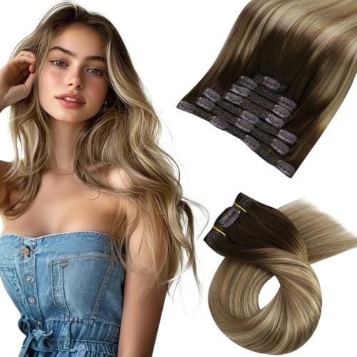 Moresoo Clip in Extensions Echthaar, Salon Qualität Weiches Glattes Haar 55 cm 7 Stück 120g Extensions Clip in #3/8/22 Braun bis Kastanienbraun mit Mittelblond, Leicht zu Tragen Solide und Langlebig