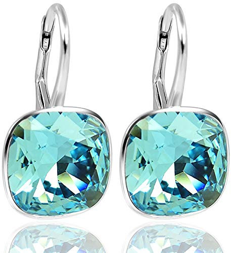 Ohrringe Blau Markenkristalle 925 Silber Türkis Aquamarine Kissenschliff NOBEL SCHMUCK