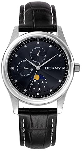 BERNY Uhren für Männer wasserdichte Herrenuhren mit echtem Lederarmband Mode Herrenuhr mit Kalender Woche Mondphase Dail