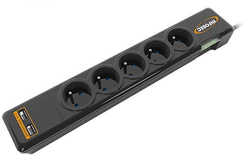 INFOSEC Multiprise Parafoudre S5 USB Neo avec 5 Prises FR protégées et 2 chargeurs USB (2.1A)