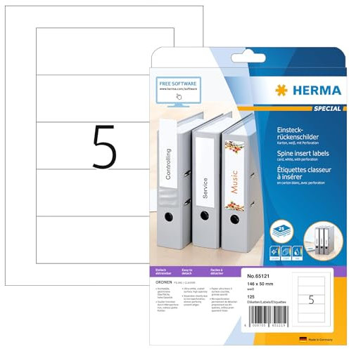 HERMA 65121 Einsteckrückenschilder für Ordner perforiert kurz breit, 25 Blatt, 146 x 50 mm, 5 pro A4 Bogen, 125 Stück, bedruckbar, matt, blanko Karton Einsteckschilder Rückenschilder, weiß