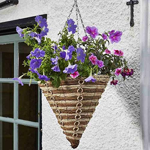 Garden Mile Panier de fleurs à suspendre de 35,6 cm en corde conique effet rotin, pot de fleurs d'extérieur avec chaîne de suspension en osier, panier de pot de fleurs pré-doublé pour une plantation