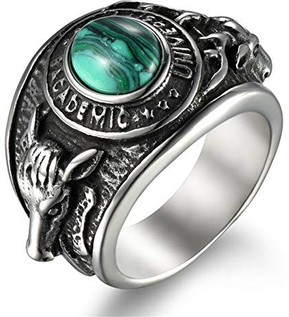 Flongo Herren-Ring Siegelring Männer Ring Daumenring aus Edelstahl Bandring Silber Türkis Davidshirsch Motorradfahrer Biker Herren-Accessoires Größe 62