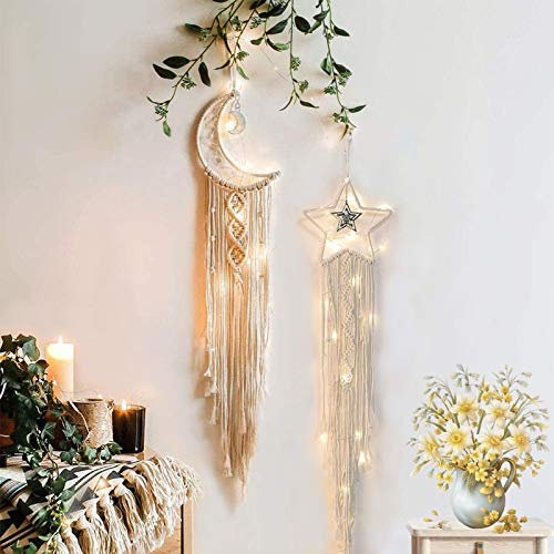 Tarklanda 2 Stück Makramee Traumfänger Makramee Wandbehang Mond Stern Traumfänger Mädchen Dreamcatcher Handgemachte Boho Traumfänger Schlafzimmer Dekoration für Home Decor Kinder Geschenke