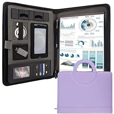 GraduationMall Schreibmappe A4 mit Klemmbrett - Lila Portfolio Padfolio mit verstecktem Griff - Reißverschluss + PU Leder - Dokumentenmappe für Unternehmen