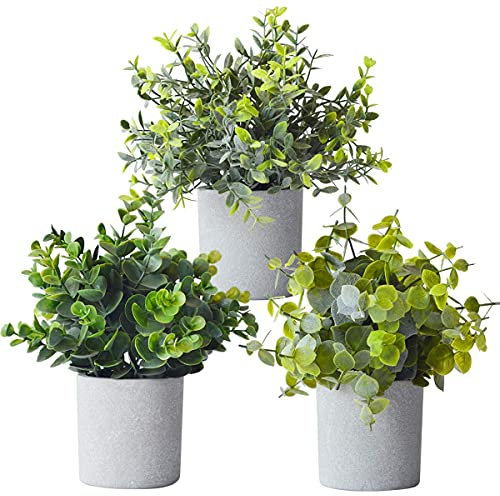 Mr.Bom Mini Potted Artificial Plants Fake Desk Plants Fake Small Eucalyptus Greenery Plastic Faux Plants in Pots Artificial Plants indoor Decoration (set of 3)