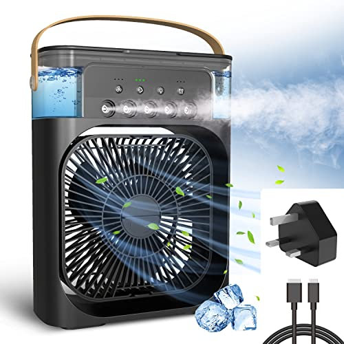 NTMY Mini Air Cooler, USB Desk Fan, Personal Evaporative Cooler with 7 Colors LED Light, 1/2/3 H Timer, 3 Wind Speeds and 3 Spray Modes for Office, Home, Dorm, Travel