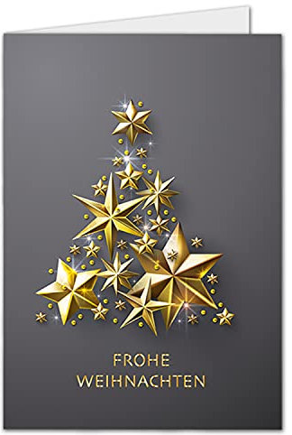 NEUSER PAPIER 100x Weihnachtskarte DIN A6 in Grau mit goldenem Weihnachtsbaum aus Sternen - Faltkarten mit Weihnachts- 10,5 x 14,8 cm - Weihnachtsgrüße für Firmen und Privat