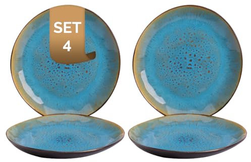 palmer 4 x Lotus Teller flach, Steingut, Ø 20,5 cm, spülmaschinenfest, für ein 4 Personen Gedeck, außen dunkelbraun matt, innen türkis glänzend, Farbverlauf.