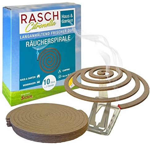 RASCH® Citronella Räucherspiralen Set [INKL Halter + STÄNDER] - Spirale Draußen, Garten, Balkon & Terrasse - Rauchspirale mit natürlichem Zitronen Aroma - 4h Brenndauer pro Räucherspirale (40 STK.)