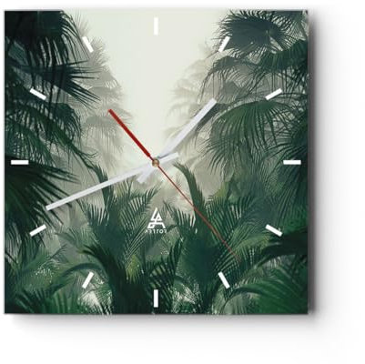 Modern Wanduhr Dschungel Blätter Palmen 30x30cm Quadrat Klein Wand Uhr Glas Analog Zimmeruhren Küche Büro Wohnzimmer Glasuhr Wall Clock Dekoration Design Wanddekoration Küchenuhr C3AC30x30-4504
