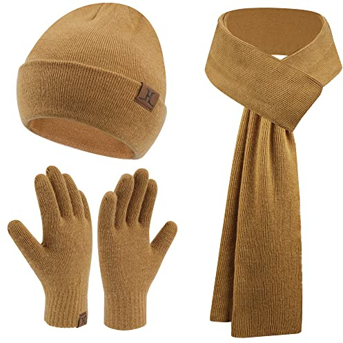 Bequemer Laden Herren Damen Winter Beanie Mütze Lang Schal Handschuhe Set | Thermo Herren Damen Wintermütze Strickmütze Winterschal Winterhandschuhe Strickhandschuhe Fleecefutter Weihnachtsgeschenke