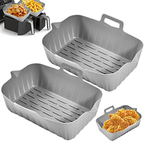 2Pcs Air Fryer Silicone Pot for Ninjas Dual Air Fryer, Reusable Silicone Air Fryer Liners Double Basket with Handle Replacement of Parchment Paper Liners for Air Fryer, Oven, and Microwave(Grey)