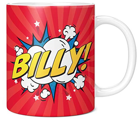 Mug Monster - Personalised Name Mug, Comic Super Hero Customised Gift with Text - Ceramic Coffee Mug/Cup, Gift for Men or Women, Extra Large and Giant Mug Available, 11oz White Mug, Red