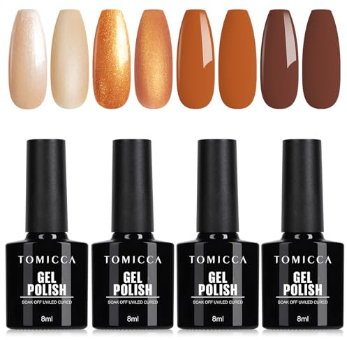 TOMICCA UV Nagellack Braun Set, 4 Farben Herbst Braun Glitzer Collection Gel Nagellack, Soak-Off UV/LED Geschenk für Nagelstudio DIY Home, 8ML