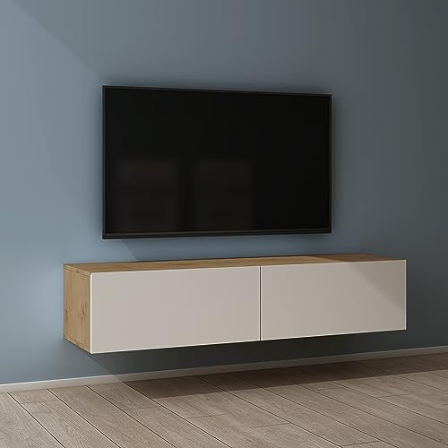 Mai & Mai Mueble de TV de Pared 140x40,2x30 cm – Mesa para Televisor con Tirador Oculto y Cierre Suave, Núcleo de Roble y Blanco Mate, Mueble de Salón Moderno, Modelo TV02