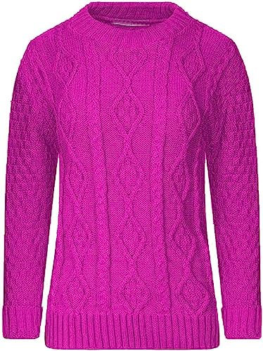AJFASHION Women Jumpers New Ladies Long Sleeve Chunky Cable Knitted Jumper Crew Neck Winter Sweater Top UK Size 8-22 Fuchsia