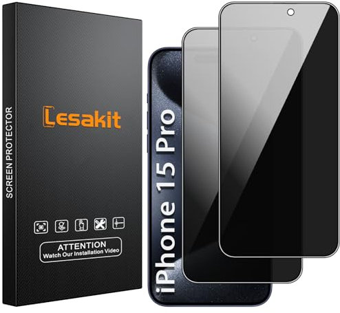 Lesakit 2 Pièces Verre Trempé Anti Espion pour iPhone 15 Pro 6.1 Pouce, [Dureté 9H][Anti-empreintes][Confidentialité Protection] Film de Protection Écran