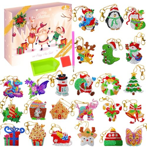 Adventskalender 2025 für Kinder, 24 Stück, DIY-Diamantmalerei, Schlüsselanhänger-Kits, Weihnachts-Countdown-Kalender, dekoratives hängendes Ornament, Geschenk für Mädchen, Kinder, Erwachsene