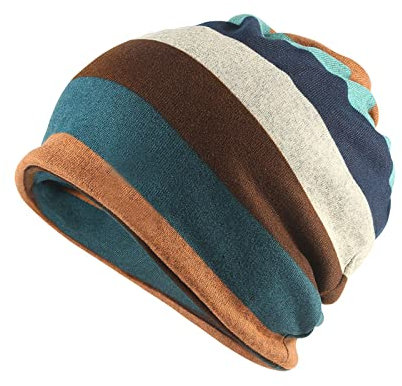 Treer Slouchy Beanie Mütze für Damen Herren, Bunt Dehnbare Leicht Beanie-Hüte Baggy Caps Krebs Kopfbedeckungen Slouch Hat Longbeanie Wintermütze für Alle Jahreszeiten (Blau braun,55-60 cm)