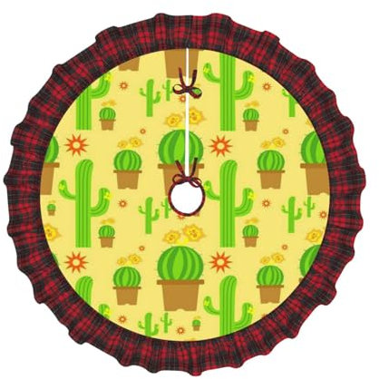 Jupe de sapin de Noël cactus jaune - 91,4 cm - Tissu imitation lin - Décorations de sapin de Noël pour vacances, décoration d'intérieur, fête de Noël