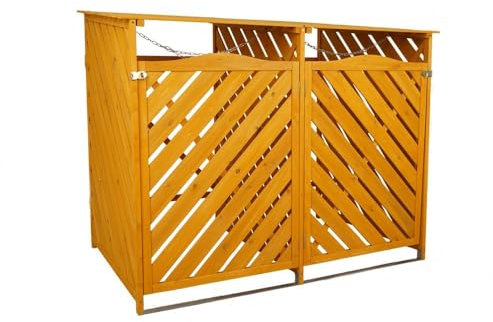 Airwave Double Bin Store Wooden Slated Wheelie Bin Outdoor Storage With Hinged Lifting Lid for Easy Bin Access For Up To 240Ltr Bins Lockable Outdoor Bin Storage (Natural)