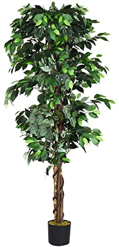 DREAMADE Fake Ficus Tree, 6FT Tall Potted Artificial Weeping Fig Tree w/ 1008 Leaves, 3 Trunks, Dried Moss, Faux Tree for Home Living Room Office Decoration Indoor