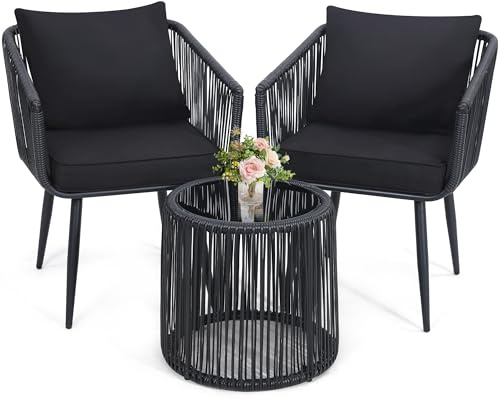 Kromax 3-Piece Patio Rattan Bistro Conversation Set, Black