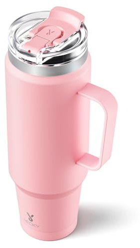Meoky 40oz Tumbler with Handle, Stainless Steel Travel Mug with 2-in-1 Straw and Sip Lid, Vacuum Insulated Coffee Mug, 100% Leak Proof, Keeps Cold for 34 Hours or Hot for 10 Hours (Blush)
