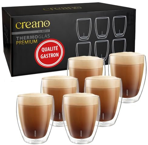 Creano PREMIUM doppelwandige Trinkgläser 400ml - 6er Set - Gastronomie Qualität - 100% Spülmaschinenfest - NEUHEIT 2024 - dooppelwandige Gläser - Latte Gläser - Cappucinotassen
