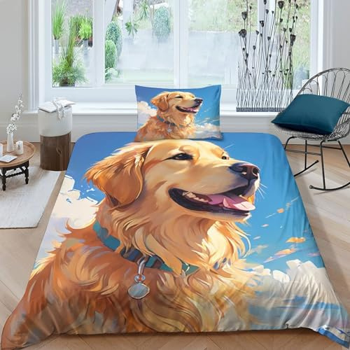 TNFHSOFT Golden Retriever Hund BettwäSche Set Mit 3D Bettwäsche-Sets 3Teilig Mikrofaser, Bettwäsche Kinder Mit Kissenbezug Für Erwachsene Teenager Kinder Single（135x200cm）