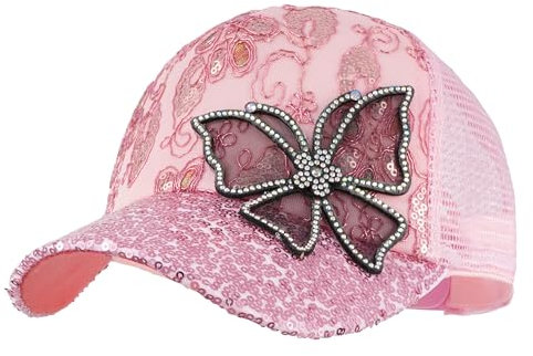 Meliyya Mesh Baseball Cap Strass Schmetterling Baseballkappe Sommer Pailletten Schildkappe Herren Damen Einheitsgröße Verstellbar, Rosa
