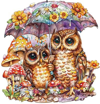 Holzpuzzle Erwachsene, Eule unter dem Regenschirm Holzpuzzle, Unregelmäßige Einzigartige Form Puzzleteile, Geschenkverpackung, Geburtstagsgeschenk für Erwachsene und Kinder(L-34 * 32.7cm-260 Stück)