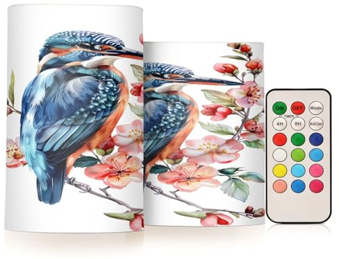 Flackernde flammenlose Kerzen Eisvogel mit Blumen LED Kerzen mit Fernbedienung Timer 2er Set Batteriebetriebene Kerze Heimdekoration