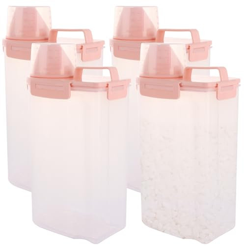 LDXDRU 4 Pack 3L Cereal Storage Container, Pink Rice Dispenser with 180ml Measuring Cup, Flour Storage Containers Clear Cereal Dispenser Dry Food Storage Container for Kitchen Flour Grain Bean