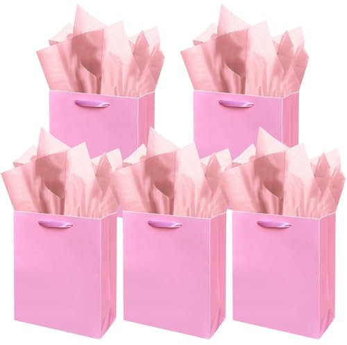 Gcardist Rosa Geschenk Taschen mit Tissue Papier für Hochzeit, Geburtstag, Party Supplies-20x11x24cm Mittlere Größe Karton Geschenk Taschen (8x4.3x10Inch,5pcs Taschen +10pcs Tissue Papier)
