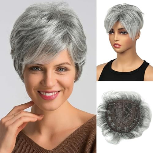 QUEENTAS Hair Toppers for Women Grey 3 Clips in Hair Pieces Topper Straight Synthetic Wig Hairpieces for Thinning Hair (Grey)