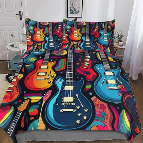 AAPZY Gitarre 3D Muster Bettwäsche Bettbezug Set 3 Teilig Deckenbezug + Kopfkissenbezug, Angenehme Microfaser Bettbezüge Für Jungen Mädchen Mit Reißverschluss King (220x240cm)