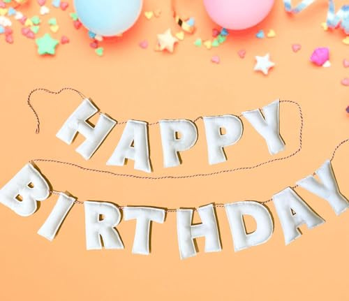 Vorbespanntes Happy Birthday-Banner – Filzkugel-Girlande – Happy Birthday Girlande, Regenbogen-Geburtstagsdekorationen, personalisiertes Schild für Party-Dekoration, Foto-Requisite (weiß)