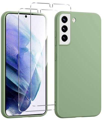 Viojrlra Coque Silicone pour Samsung Galaxy S21 5G avec 2 Pièces Verre Trempé, Protection Complète du Corps au Toucher Soyeux, Housse Etui de Protection en TPU Souple, Antichoc Anti-Rayures, Vert