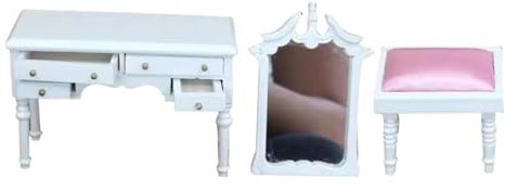 TOBBOMEY 1 Set Puppenhaus-schminktisch Mit Schubladen Und Passendem Hocker. Eleganter Weißer Miniatur-schminktisch Im Maßstab 1:12 Für Schlafzimmer-szenendekoration, Sammlerstück