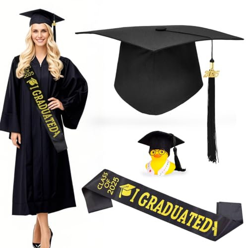 LGZIN Bachelor Hut 2025 mit Prüfung Bestanden Schärpe, Quietscheentchen mit Doktorhut, Abschluss Hut Unisex, Graduation 2025 Deko Set, Geschenk bei Prüfungen Abschlussfeier Uni Universität Hochschule