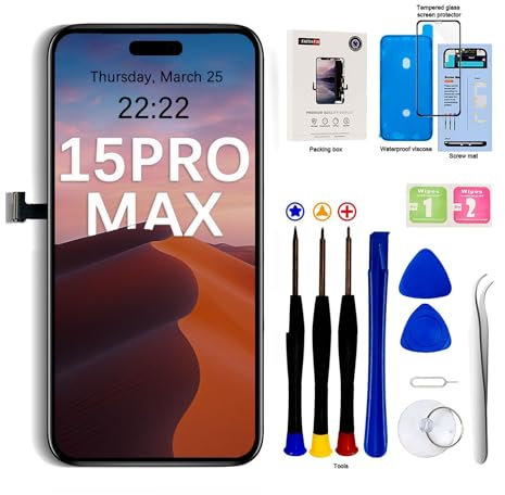 EFaith für iPhone 15 Pro Max Display 6,7 Full-HD-LCD-Display, 3D-Touchscreen-Digitalisierer, Rahmen mit Reparaturwerkzeug-Set, gehärtetem Glas für Modell A2849, A3105, A3106, A3108