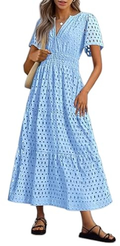 Summer Maxi Dresses for Women UK Wedding Guest Dress Short Sleeve Casual Boho V Neck Hollow Out Eyelet Ruffle Swing A Line Cotton Long Flowy Beach Vacation Evening Dresses