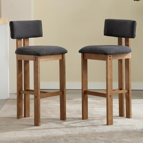 chairus Juego de 2 Taburetes de Bar de Madera con Asiento de Lino, Gris | Patas de Madera, Respaldo Curvo, Cojín Grueso, Para Isla de Cocina