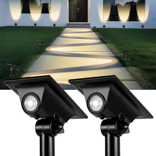 YIFMOO 2 Stück Solarlampen für Außen, Solar Strahler mit Erdspieß 2 Helligkeitsmodi, IP65 Wasserdicht Solarleuchten für Außen, LED Solar Gartenleuchten für Garten Wege Terrassen Zäune Bäume, Warmweiß