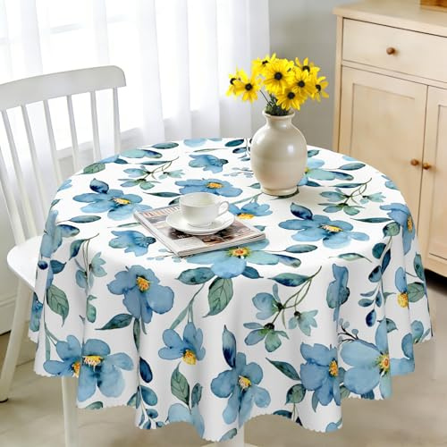 iEvery Tischdecke Rund 150 Abwaschbar, Blaue Blume Tischdecke Floral Gartentischdecke Polyester Outdoor Wetterfest Table Cloth Waterproof für Küche Gartentisch Esstisch Party