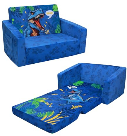 decalsweet Kindersofa Faltbarer,2 in 1 Kindersessel Kindercouch Dinosaurier | Rückenlehen-Sessel,Spielsofa,Standfest,Kinderstuhl,Kinderzimmer,Weiche,Leichte,Flip Open,mit Stofftasche,Rutschfestes Kissen